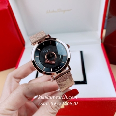Đồng Hồ Nữ Salvatore Ferragamo Minuetto Dây Mesh Vàng Hồng Mặt Đen 35mm