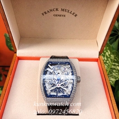 Đồng Hồ Nam Franck Muller Geneve V45 Automatic Lộ Cơ Đính Full Đá Dây Đen Silver 45mm x 54mm