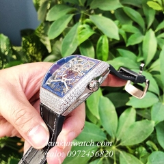 Đồng Hồ Nam Franck Muller Geneve V45 Automatic Lộ Cơ Đính Full Đá Dây Đen Silver 45mm x 54mm