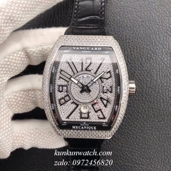 Đồng Hồ Nam Franck Muller Geneve V45 Automatic Đính Full Đá Dây Đen Silver 45mm x 54mm