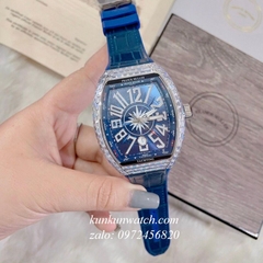 Đồng Hồ Nam Franck Muller Geneve V45 Automatic Đính Viền Pha Lê Tâm Họa Tiết Tia Tròn Dây Xanh Silver 45mm x 54mm 1