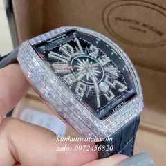 Đồng Hồ Nam Franck Muller Geneve V45 Automatic Đính Pha Lê Tâm Họa Tiết Tia Tròn Dây Đen Silver 45mm x 54mm