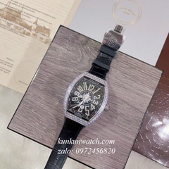 Đồng Hồ Nam Franck Muller Geneve V45 Automatic Đính Pha Lê Tâm Họa Tiết Tia Tròn Dây Đen Silver 45mm x 54mm
