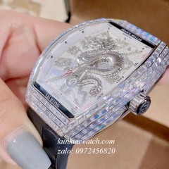 Đồng Hồ Nam Franck Muller Geneve V45 Automatic Đính Pha Lê Họa Tiết Rồng Dây Đen Silver 45mm x 54mm
