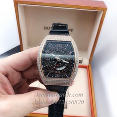Đồng Hồ Nam Franck Muller Geneve V45 Automatic Mặt Viền Đá Lịch Ngày Phá Cách Dây Đen 45mm x 54mm