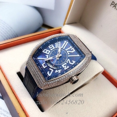 Đồng Hồ Nam Franck Muller Geneve V45 Automatic Mặt Viền Đá Lịch Ngày Phá Cách Dây Xanh 45mm x 54mm