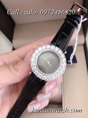 Đồng Hồ Nữ Chopard CPND064 Đính Hạt Chấu - Dây Da Đen Mặt Đen Vỏ Bạc - 32mm