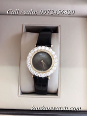 Đồng Hồ Nữ Chopard CPND065 Đính Hạt Chấu - Dây Da Đen Mặt Đen Vỏ Vàng - 32mm