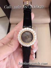Đồng Hồ Nữ Chopard CPND065 Đính Hạt Chấu - Dây Da Đen Mặt Đen Vỏ Vàng - 32mm