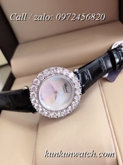 Đồng Hồ Nữ Chopard CPND063 Đính Hạt Chấu - Dây Da Đen Mặt Trắng Vỏ Bạc - 32mm
