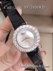 Đồng Hồ Nữ Chopard CPND063 Đính Hạt Chấu - Dây Da Đen Mặt Trắng Vỏ Bạc - 32mm