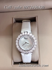 Đồng Hồ Nữ Chopard CPND061 Đính Hạt Chấu - Dây Da Trắng Vỏ Bạc - 32mm