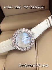 Đồng Hồ Nữ Chopard CPND061 Đính Hạt Chấu - Dây Da Trắng Vỏ Bạc - 32mm