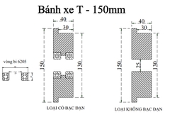 bánh xe cửa cổng lùa T 150mm, không bạc đạn -  lổ trục 25mm