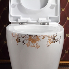 KA0355 - Bồn cầu liền khối sứ nung tráng men nano hoa văn trắng vàng cao cấp