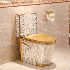 KH1089 - Bồn cầu liền khối sứ nung tráng men nano hoa văn trắng  vàng cao cấp