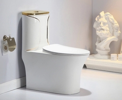 KA1986 - Bồn cầu liền khối trắng vàng, sứ nung tráng men nano cao cấp