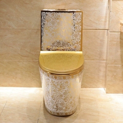KH1089 - Bồn cầu liền khối sứ nung tráng men nano hoa văn trắng  vàng cao cấp