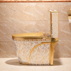 KH1089 - Bồn cầu liền khối sứ nung tráng men nano hoa văn trắng  vàng cao cấp
