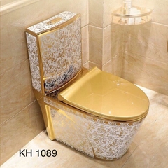 KH1089 - Bồn cầu liền khối sứ nung tráng men nano hoa văn trắng  vàng cao cấp