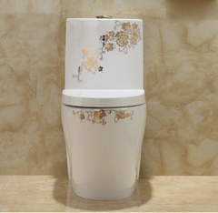 KA0355 - Bồn cầu liền khối sứ nung tráng men nano hoa văn trắng vàng cao cấp