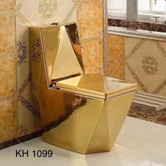 KH1099 - Bồn cầu 3D liền khối sứ nung tráng men nano  vàng cao cấp