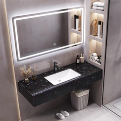 KANAX18 - Combo trọn bộ phòng tắm, bàn đá 1 tầng đen vân mây chậu sứ âm