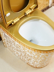 KH1089 - Bồn cầu liền khối sứ nung tráng men nano hoa văn trắng  vàng cao cấp