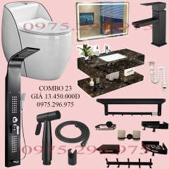 CB23 - Combo phòng tắm cao cấp . Bồn cầu trứng liền khối nắp UF chống xước, bàn đá 2 tầng đen vân mây.