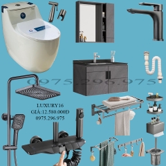 LUXURY16 - Combo phòng tắm cao cấp . Bồn cầu trứng liền khối nắp UF chống xước, bàn đá 2 tầng đen vân mây.