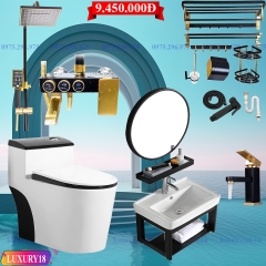 LUXURY18 - Combo phòng tắm bồn cầu liền khối đen trắng, tủ chậu nhôm đen, sen cây nhiệt độ đen vàng 3 nhấn....
