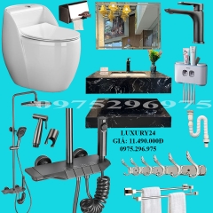 LUXURY24 - Combo phòng tắm cao cấp . Bồn cầu trứng liền khối nắp UF chống xước, bàn đá 2 tầng đen vân mây.