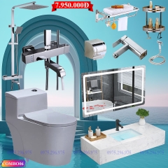 COMBO06 - Combo trọn bộ bồn cầu liền khối, sen cây nhiệt độ đồng mạ crom vuông, bàn đá 1 tầng...