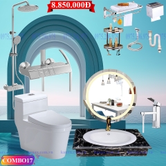 CB17 - Combo trọn bộ phòng tắm, bồn cầu liền khối bàn đá chậu bán âm, gương led