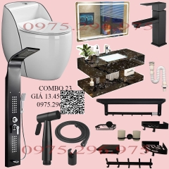 CB23 - Combo phòng tắm cao cấp . Bồn cầu trứng liền khối nắp UF chống xước, bàn đá 2 tầng đen vân mây.