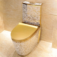 KH1089 - Bồn cầu liền khối sứ nung tráng men nano hoa văn trắng  vàng cao cấp