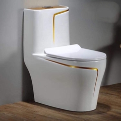 KA607 - Bồn cầu liền khối sứ nung tráng men nano trắng viền sọc vàng cao cấp