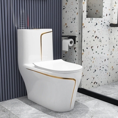 KA607 - Bồn cầu liền khối sứ nung tráng men nano trắng viền sọc vàng cao cấp