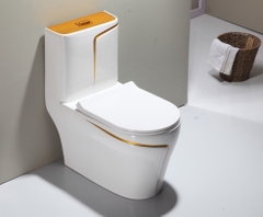 KA607 - Bồn cầu liền khối sứ nung tráng men nano trắng viền sọc vàng cao cấp