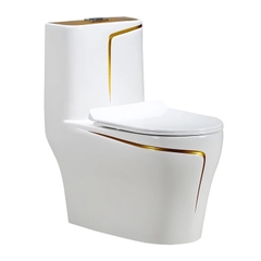 KA607 - Bồn cầu liền khối sứ nung tráng men nano trắng viền sọc vàng cao cấp