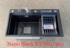 Chậu bếp 1 hố giật cấp nano đen chống bám dính cao cấp CH5. Kèm thớt gỗ và rổ inox, phụ kiện thoát nước cao cấp. KT: 78x46cm