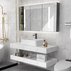 NT06 - Bàn đá nhân tạo 2 tầng trắng  vân mây, kết hợp chậu sứ nổi, vòi nóng lạnh, tủ gương led cảm ứng.