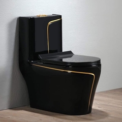 KA608 - Bồn cầu liền khối sứ nung tráng men nano đen viền sọc vàng cao cấp