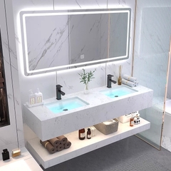 BD2C.1004 - Bàn đá nhân tạo trắng vân mây 2 tầng, 2 chậu sứ âm, kết hợp 2 vòi nóng lạnh, gương led cảm ứng.