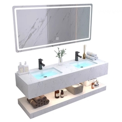 BD2C.1004 - Bàn đá nhân tạo trắng vân mây 2 tầng, 2 chậu sứ âm, kết hợp 2 vòi nóng lạnh, gương led cảm ứng.