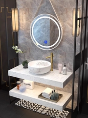 BD1012 - Bàn đá nhân tạo 2 tầng trắng vân mây, kết hợp chậu sứ nổi, vòi nóng lạnh cao, gương led tròn dây da.