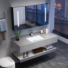 NT57 - Bàn đá chống xước 2 tầng, bề mặt nhám kết hợp chậu sứ âm, vòi nóng lạnh và tủ gương led.