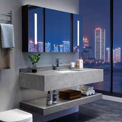 NT57 - Bàn đá chống xước 2 tầng, bề mặt nhám kết hợp chậu sứ âm, vòi nóng lạnh và tủ gương led.