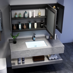NT57 - Bàn đá chống xước 2 tầng, bề mặt nhám kết hợp chậu sứ âm, vòi nóng lạnh và tủ gương led.