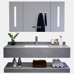 NT57 - Bàn đá chống xước 2 tầng, bề mặt nhám kết hợp chậu sứ âm, vòi nóng lạnh và tủ gương led.